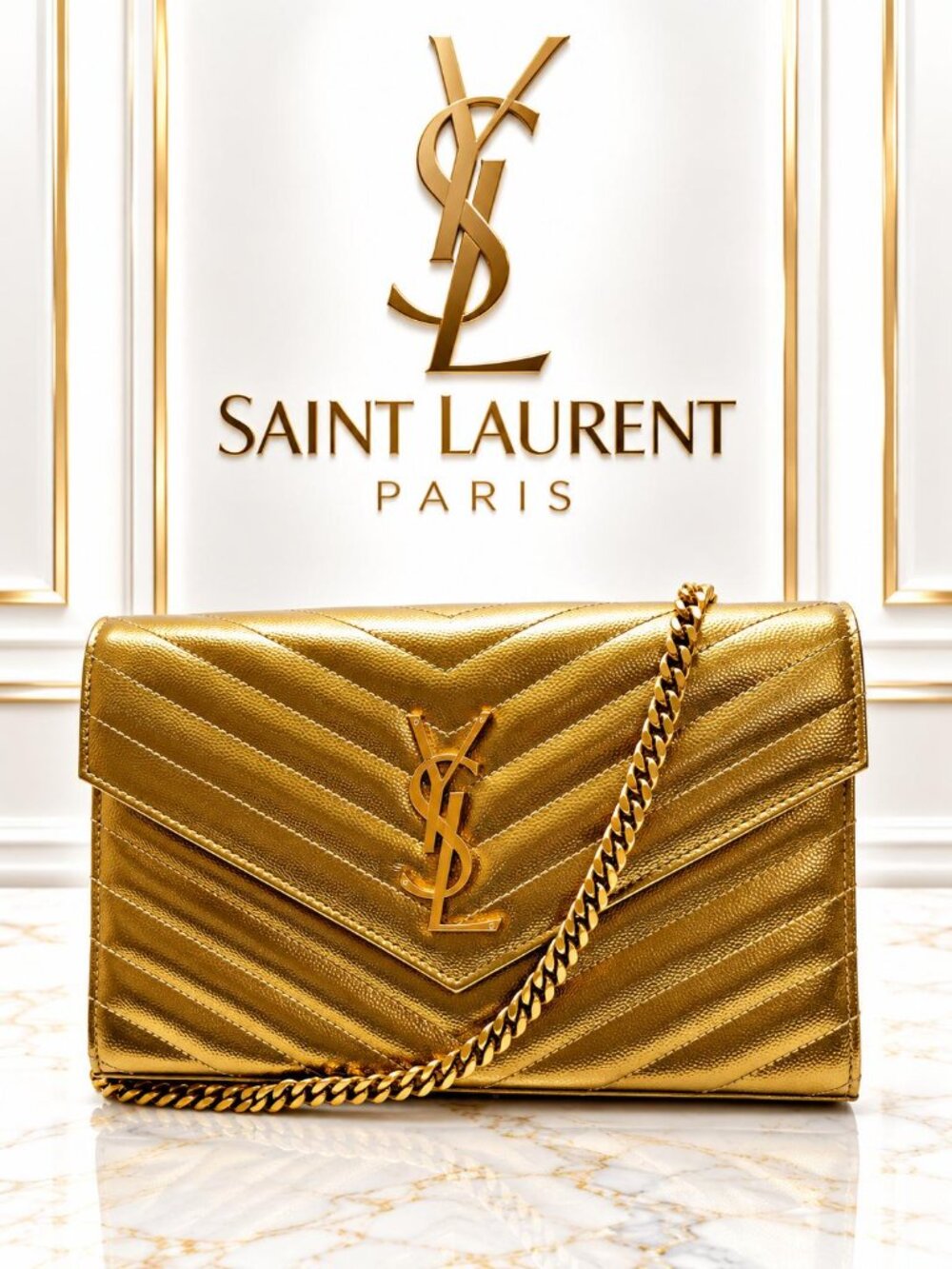 Authentic Saint Laurent YSL Monogram Envelope Gold Metallic Chevron Shoulder Bag